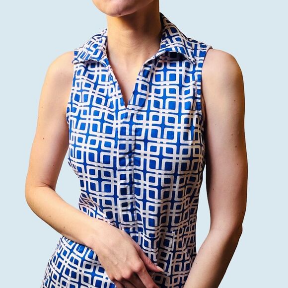 Vintage Julie Brown Mod Blue & White Sleeveless‎ Dress – Size 4 – 60s Style - Picture 4 of 12